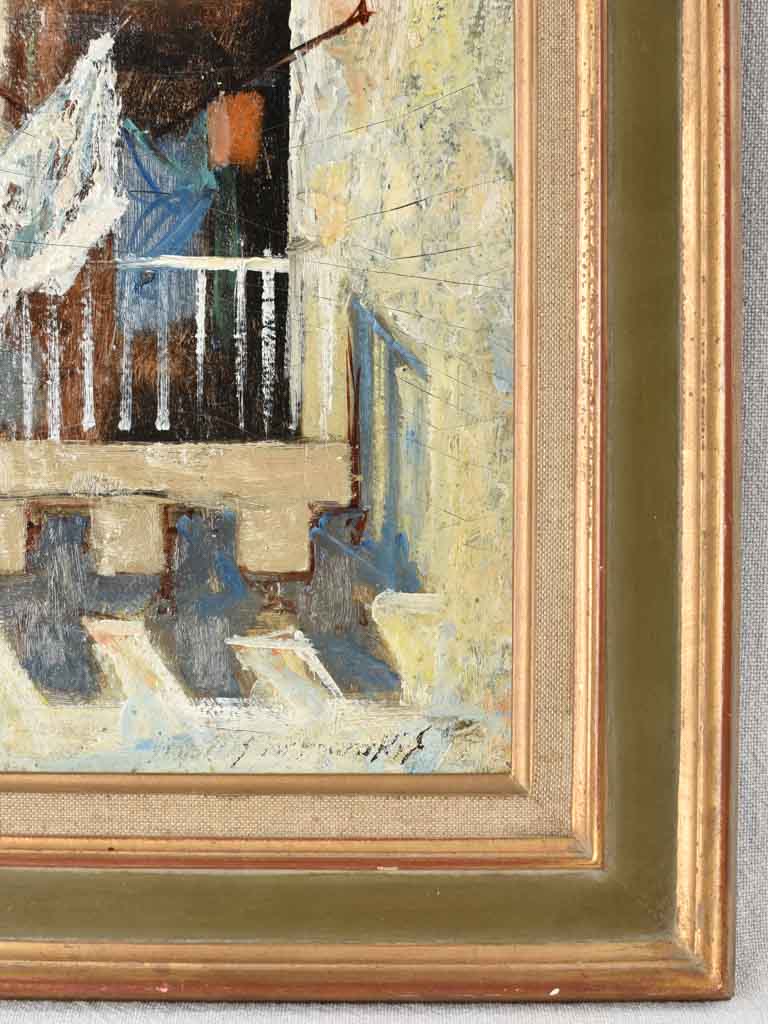 Vintage painting - washing on a balcony 15¼" x 13½"