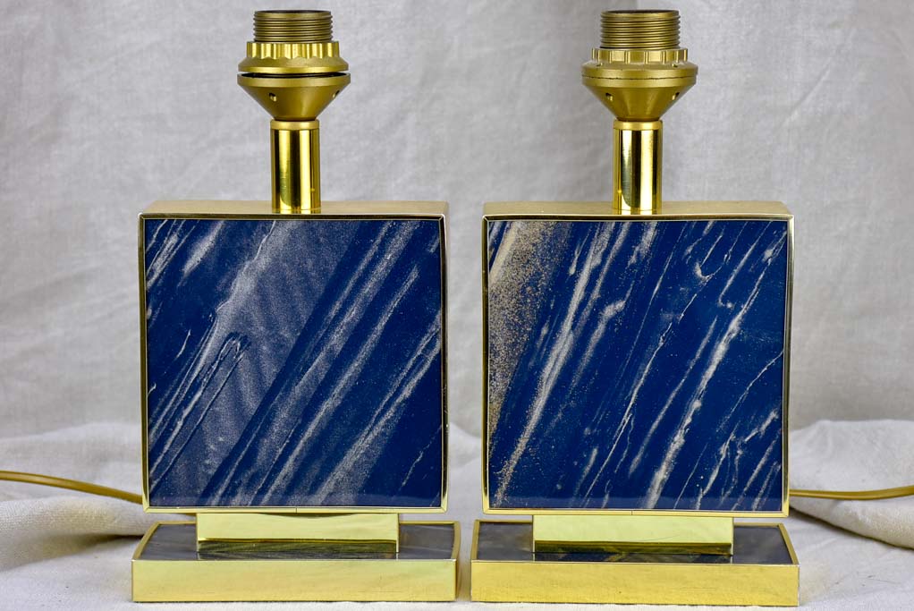Pair of vintage Le dauphin lamp bases - navy blue lucite, gold, rectangular