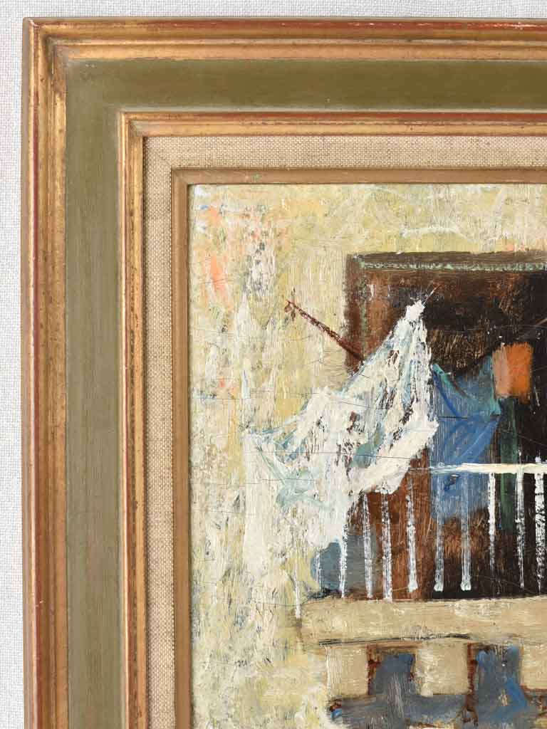 Vintage painting - washing on a balcony 15¼" x 13½"