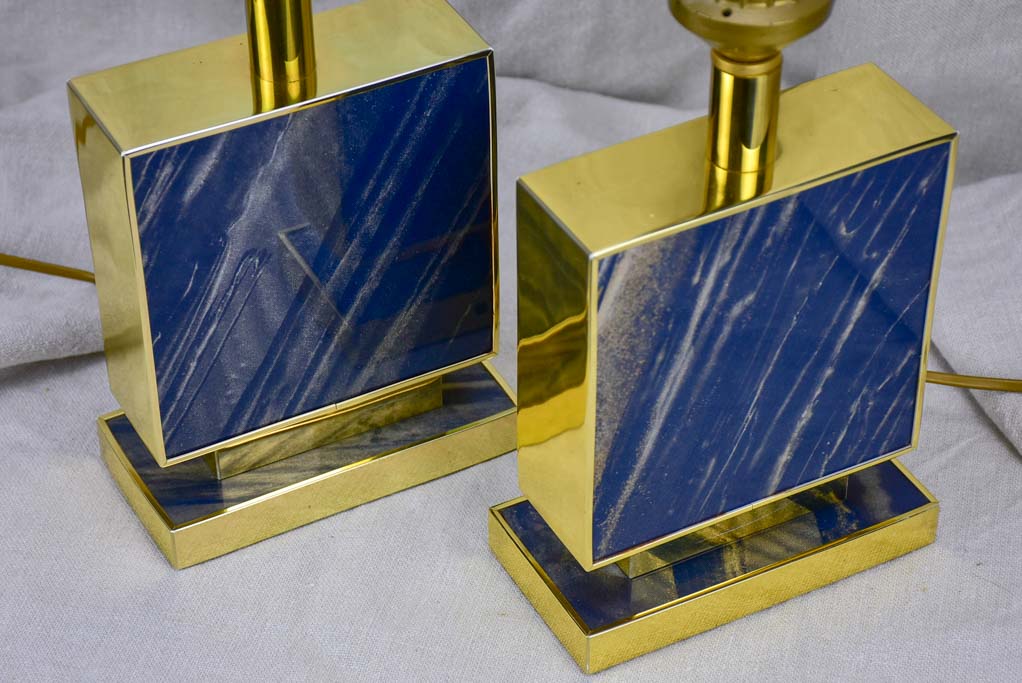 Pair of vintage Le dauphin lamp bases - navy blue lucite, gold, rectangular