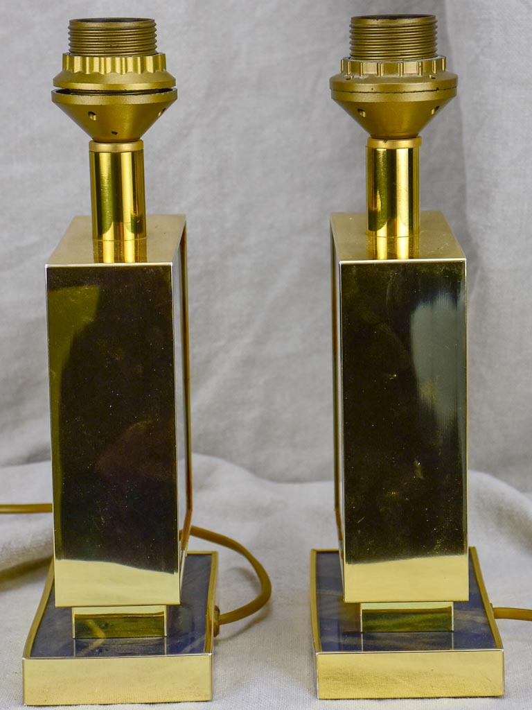Pair of vintage Le dauphin lamp bases - navy blue lucite, gold, rectangular
