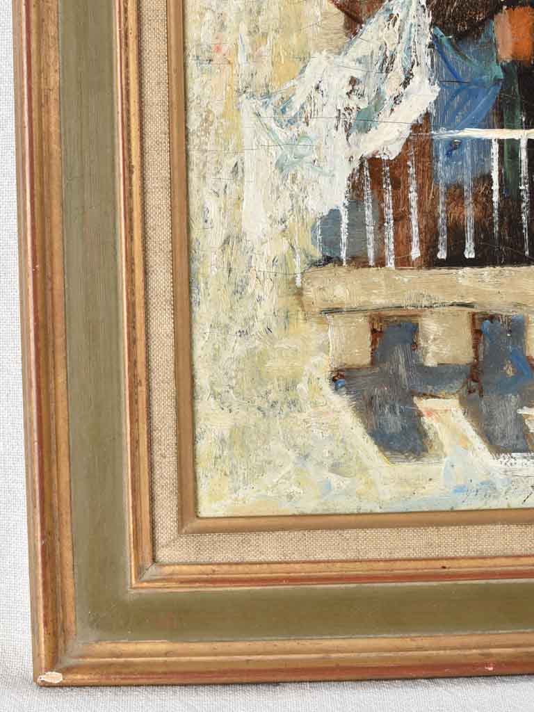 Vintage painting - washing on a balcony 15¼" x 13½"