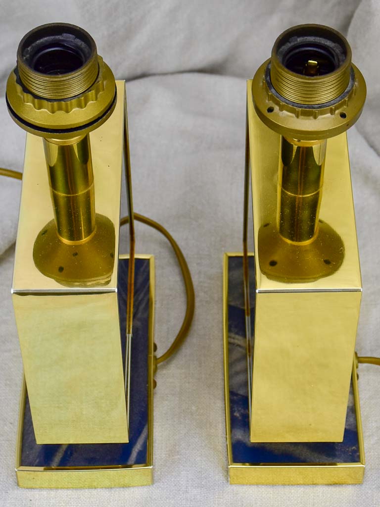 Pair of vintage Le dauphin lamp bases - navy blue lucite, gold, rectangular