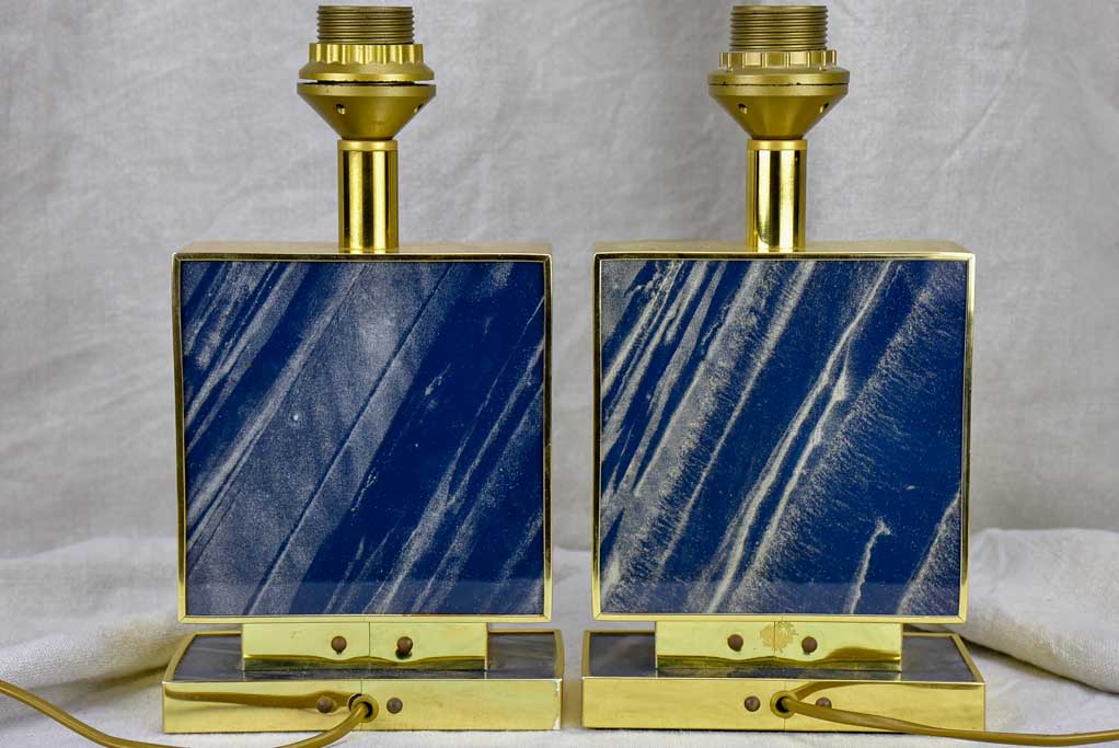 Pair of vintage Le dauphin lamp bases - navy blue lucite, gold, rectangular