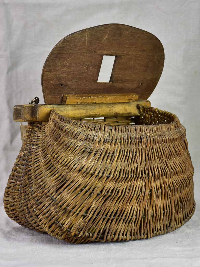 Antique Fishing Creel Basket Wicker and Leather Vintage - antiques