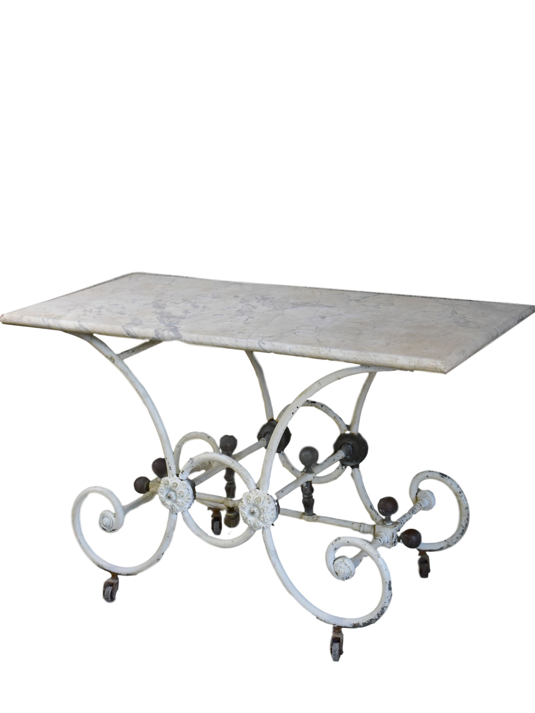 Antique French marble butcher's table with cast iron stand on wheels