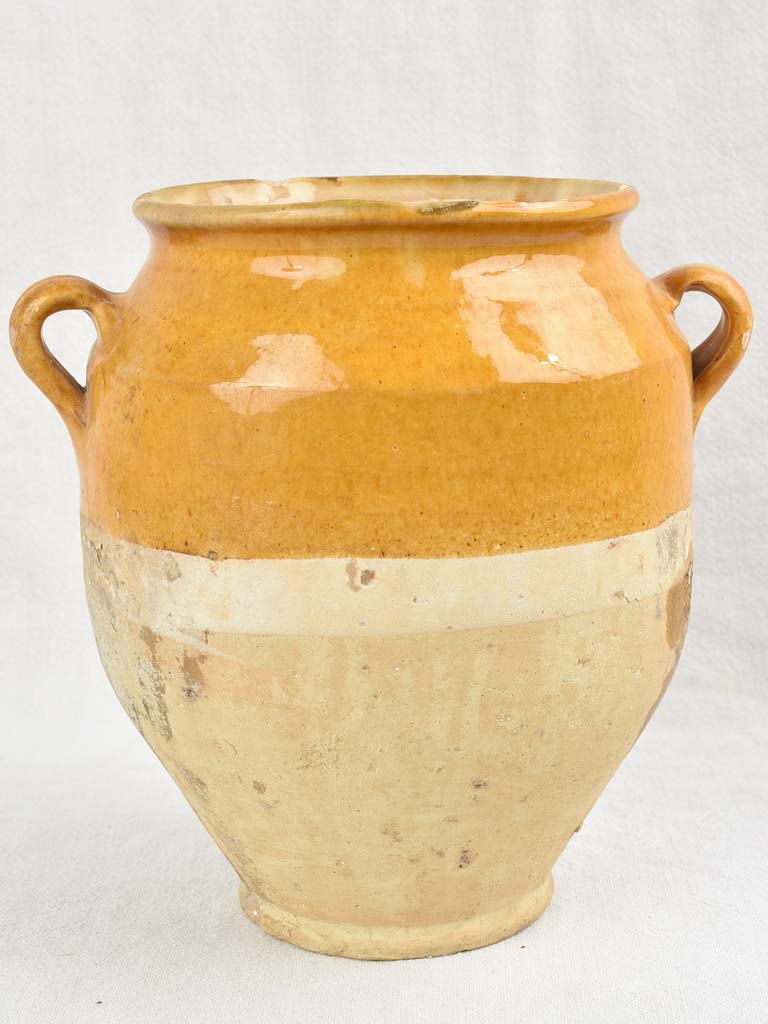 Antique French confit pot w/ yellow glaze & 2 handles 9¾"