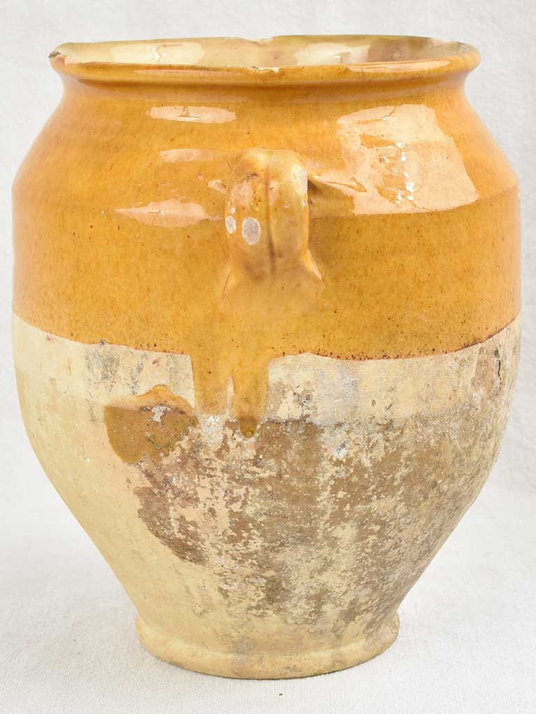 Antique French confit pot w/ yellow glaze & 2 handles 9¾"