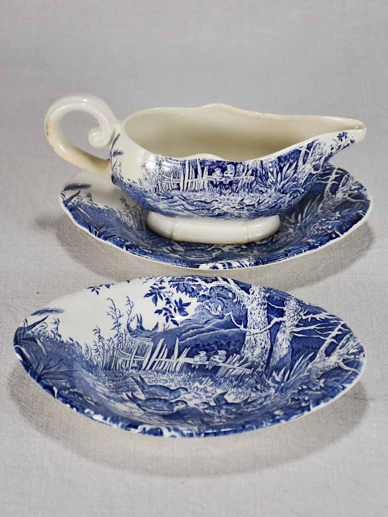 Luneville faience English style dinnerware - blue and white hunting scene