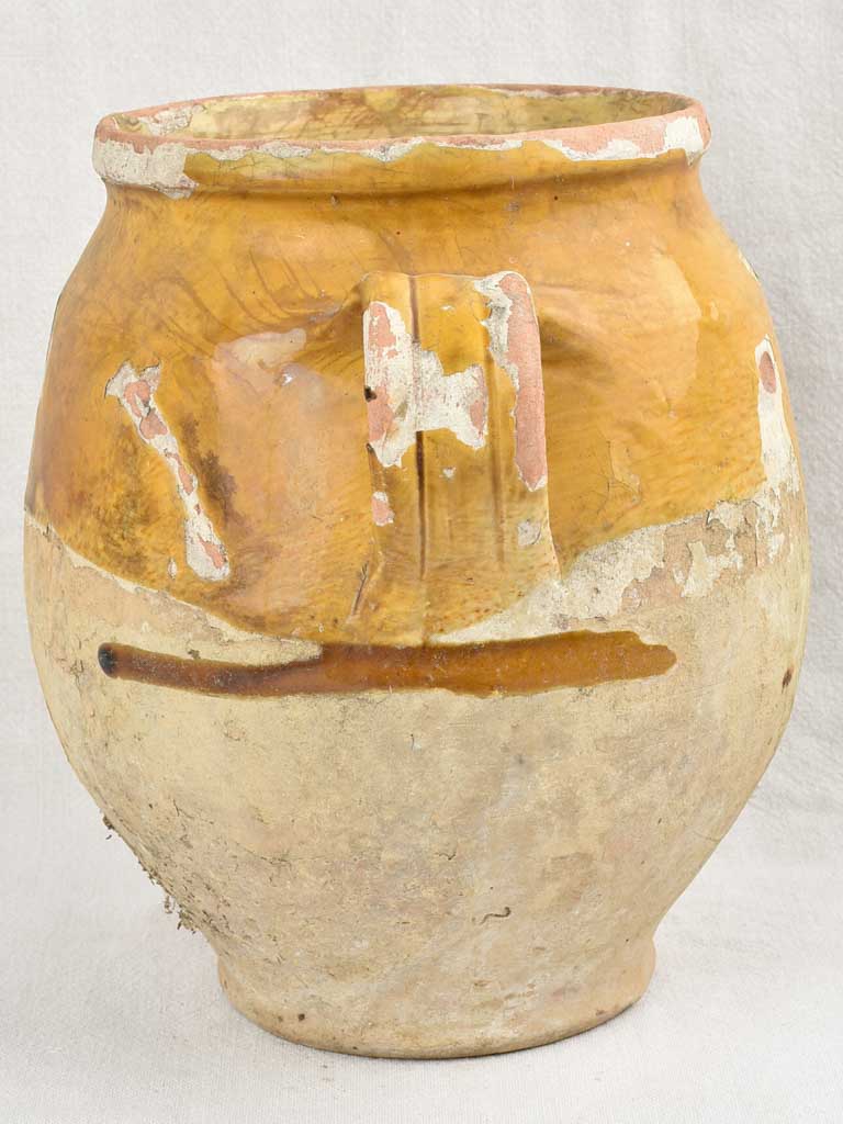 Rustic Antique French Confit Pot w/ yellow ocher glaze 11¾"