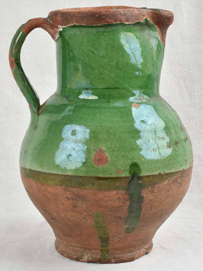 Antique Provençal Terracotta water pitcher w/ Dark Green glaze 11"