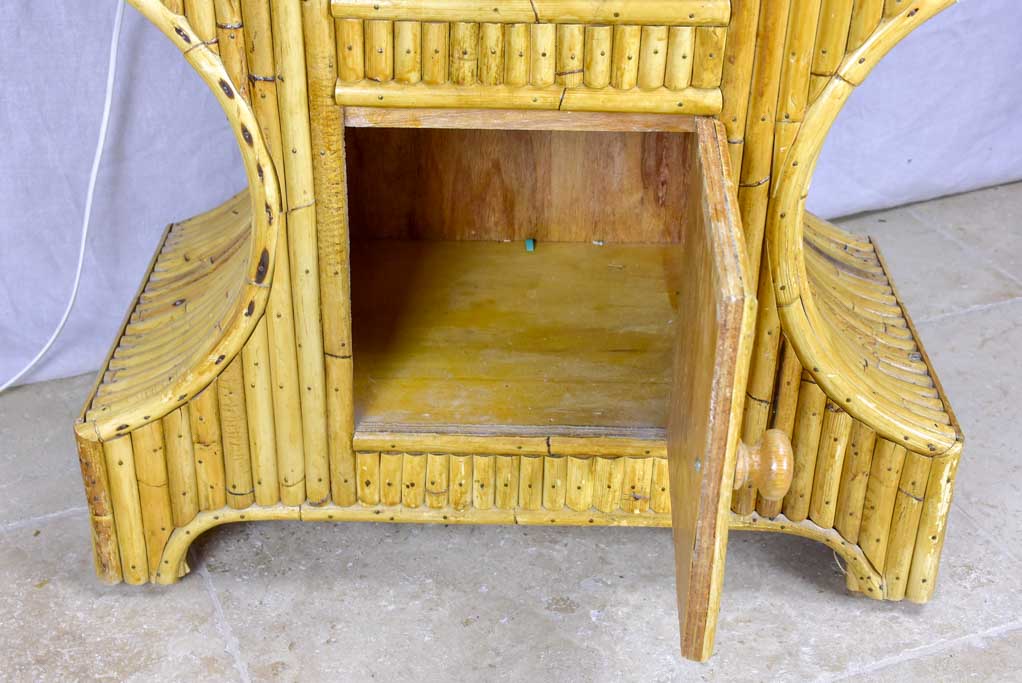 Blue-framed glass and bamboo aquarium