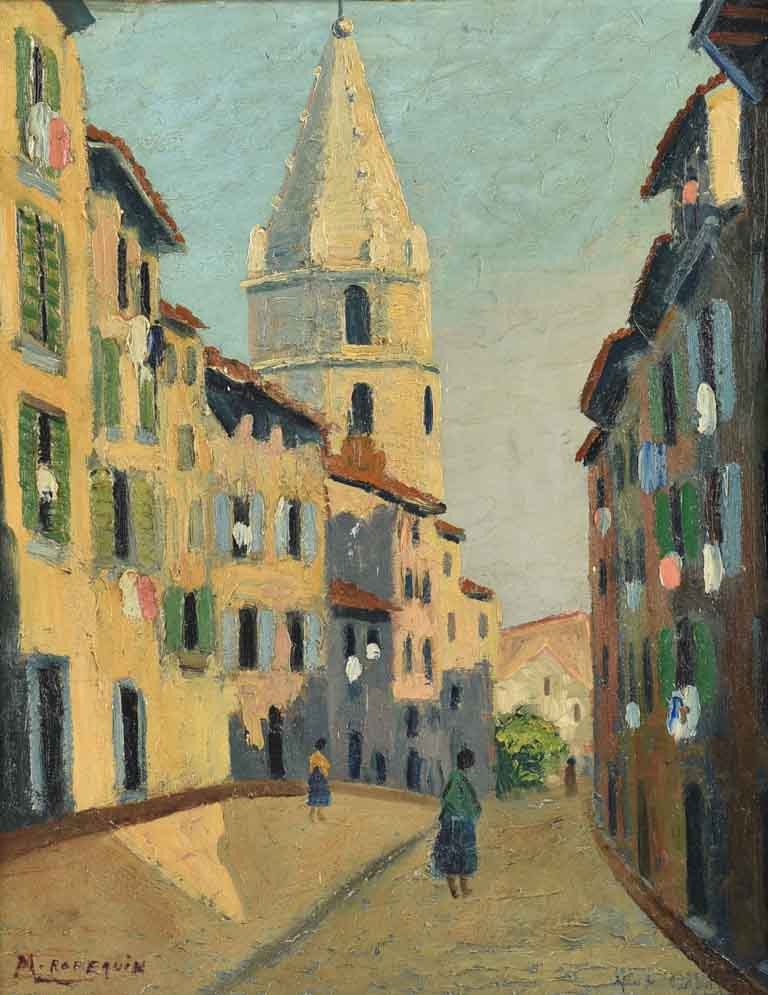 Early 20th-century Marseille streetscape painting - ‘La Montée Des Accoules’ Signed M.Robequin 23¾" x 19¾"
