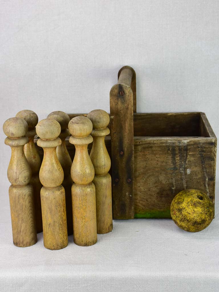 Skittles game and ball in an antique French toolbox