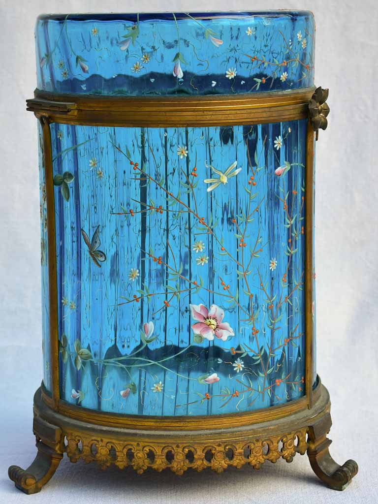 Large 19th Century Italian biscuit jar with hand-painted blue glass 13½"
