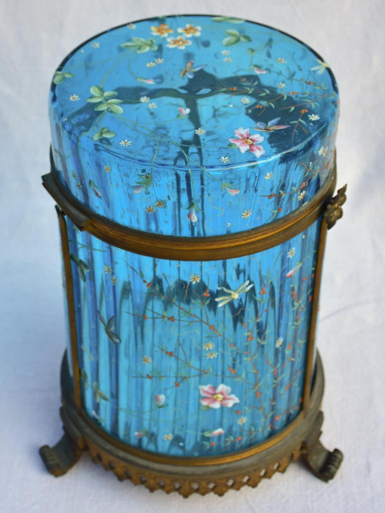 Large 19th Century Italian biscuit jar with hand-painted blue glass 13½"