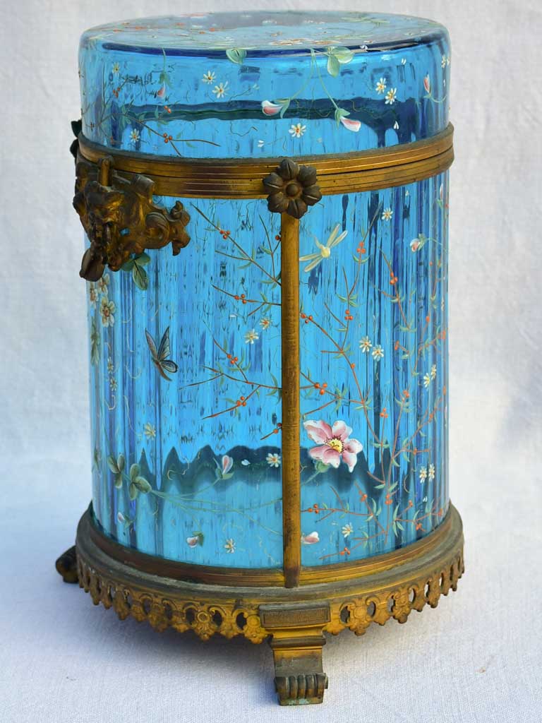 Large 19th Century Italian biscuit jar with hand-painted blue glass 13½"