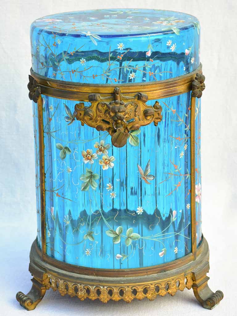 Large 19th Century Italian biscuit jar with hand-painted blue glass 13½"