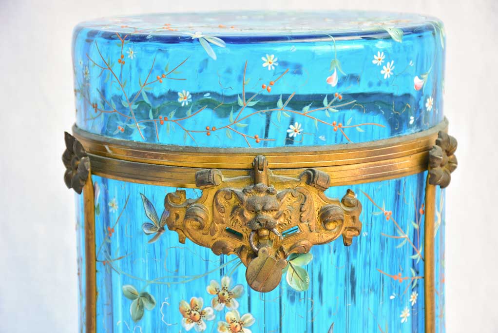 Large 19th Century Italian biscuit jar with hand-painted blue glass 13½"