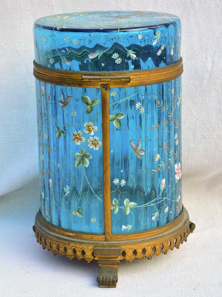 Large 19th Century Italian biscuit jar with hand-painted blue glass 13½"