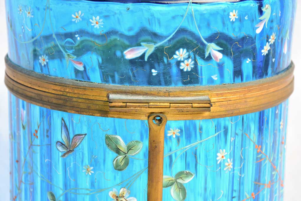 Large 19th Century Italian biscuit jar with hand-painted blue glass 13½"
