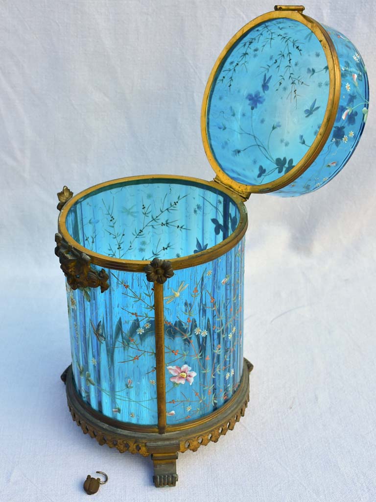 Large 19th Century Italian biscuit jar with hand-painted blue glass 13½"