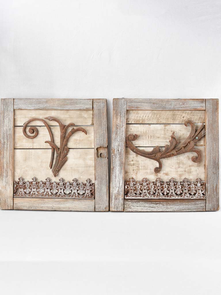 Pair of artisan made panels with wrought iron decoration 22" x 23¼"