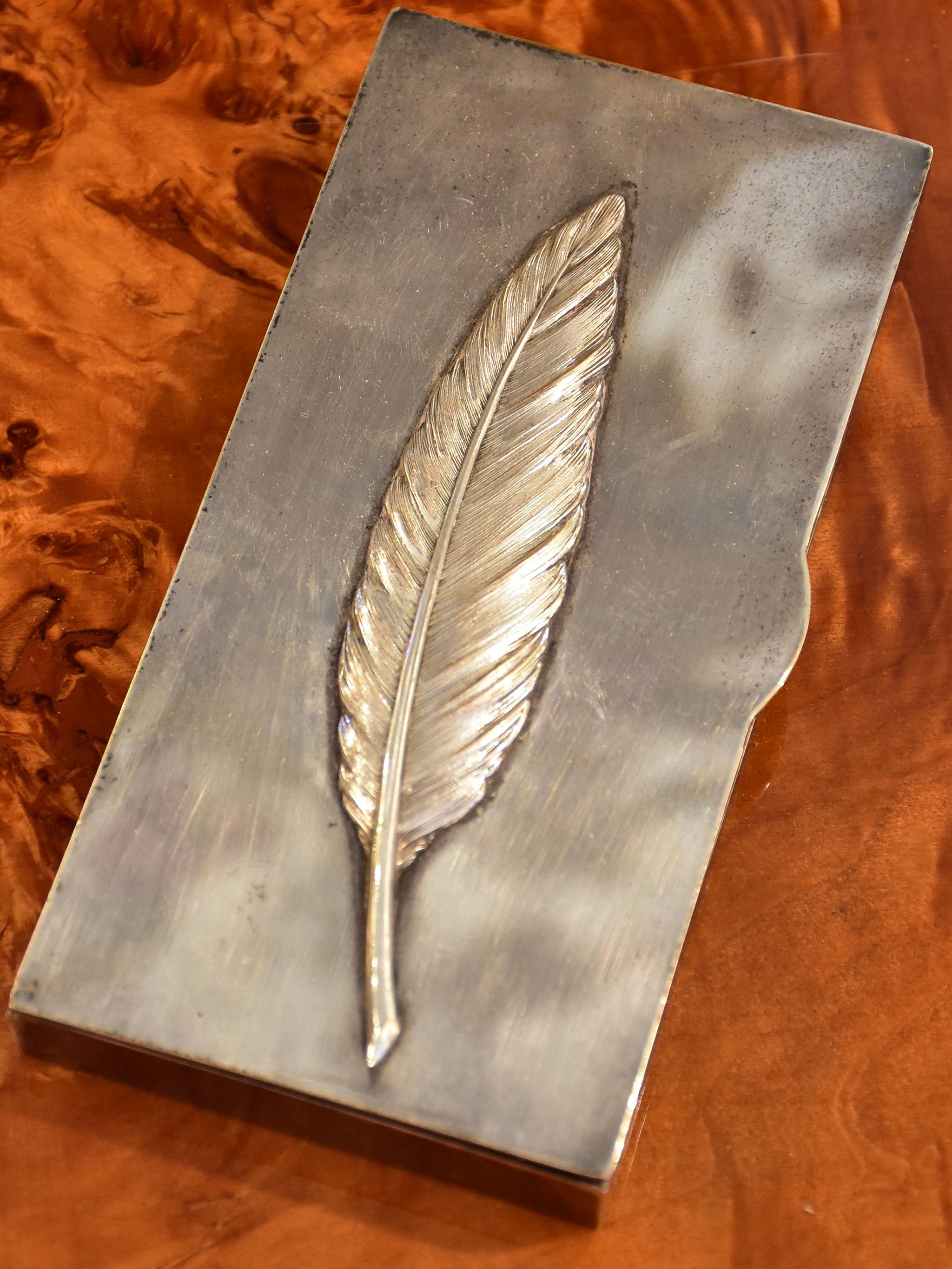 french cigarette case Vintage French cigarette case with embossed feather