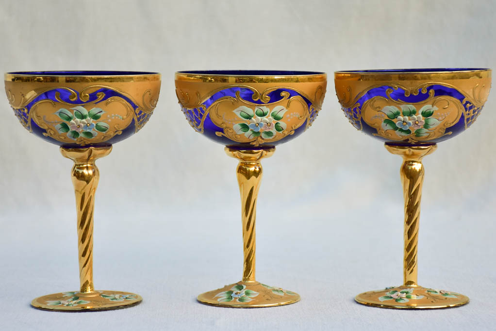 Collection of 3 cobalt blue hand-painted Italian prosecco glasses - early 20th-century 6¾"