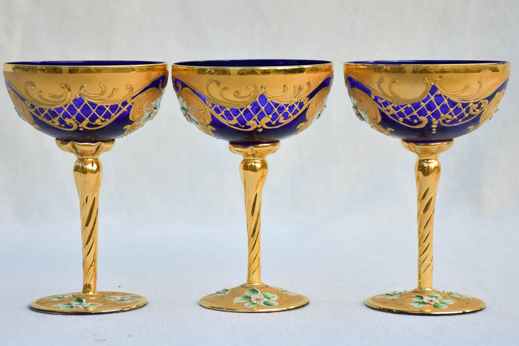 Collection of 3 cobalt blue hand-painted Italian prosecco glasses - early 20th-century 6¾"