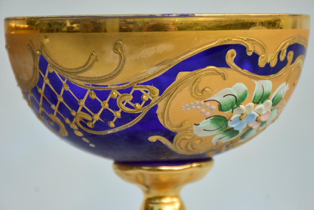 Collection of 3 cobalt blue hand-painted Italian prosecco glasses - early 20th-century 6¾"