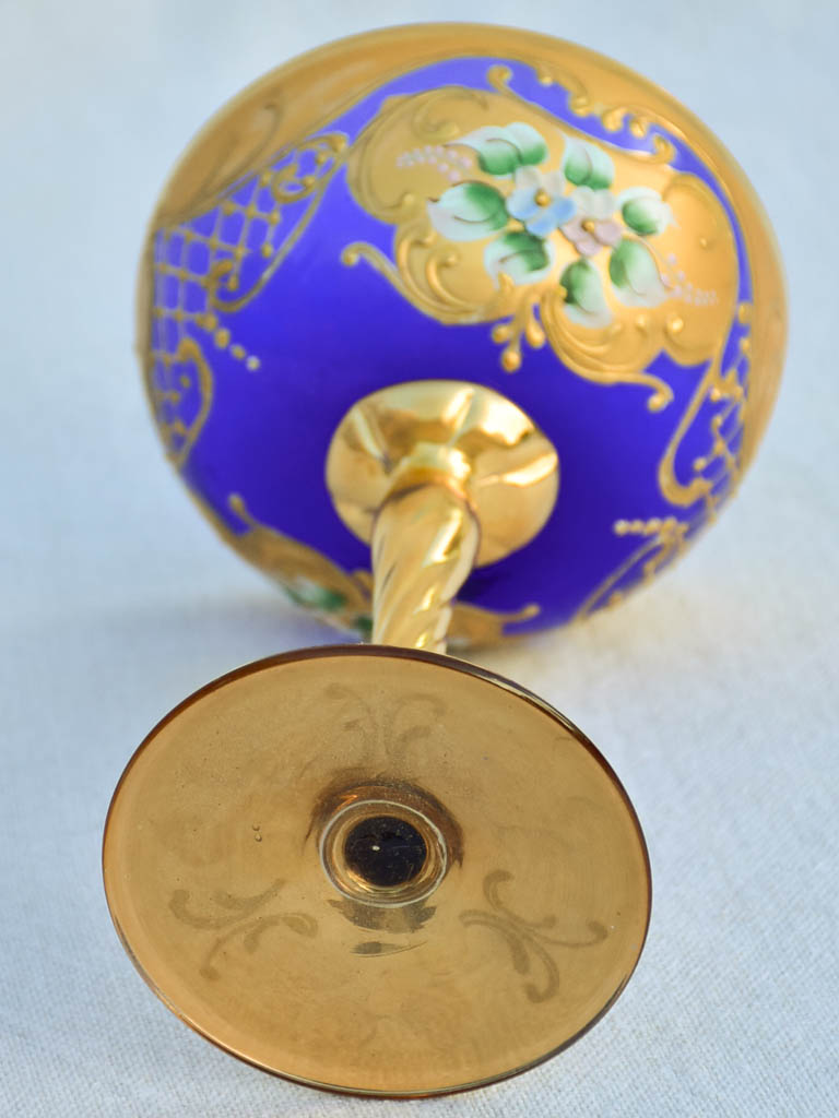 Collection of 3 cobalt blue hand-painted Italian prosecco glasses - early 20th-century 6¾"