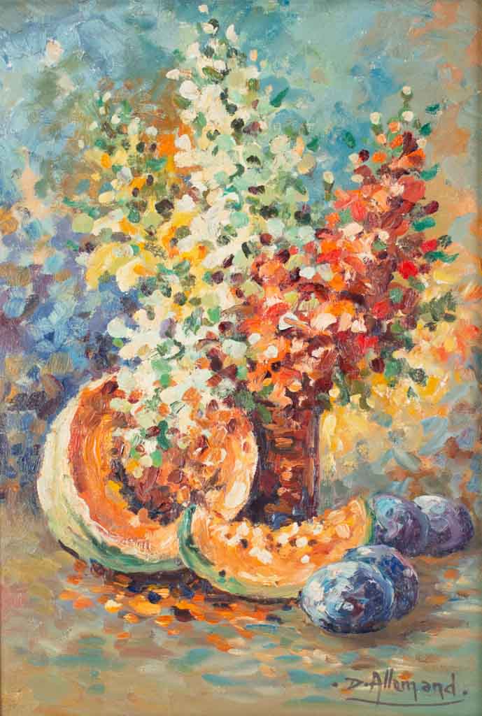 Still life with fruit and flowers by D. Allemand (1906- ?) oil on canvas 21¾" x 28¾"