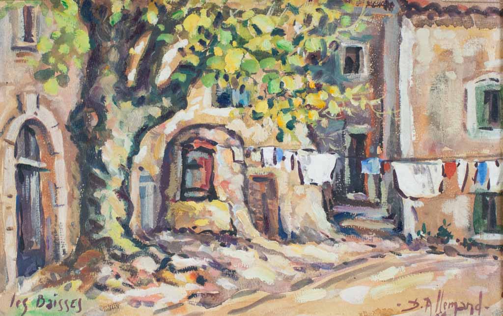 Place du village "Les Baisses" D. Allemand (1906- ?) gouache 20½" x 26¾"