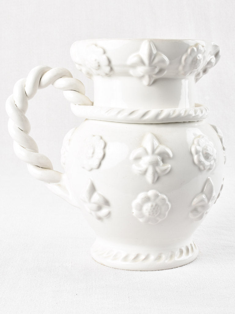 Vintage Émile Tessier Pitcher w/ fleur de Lys- white 9¾"