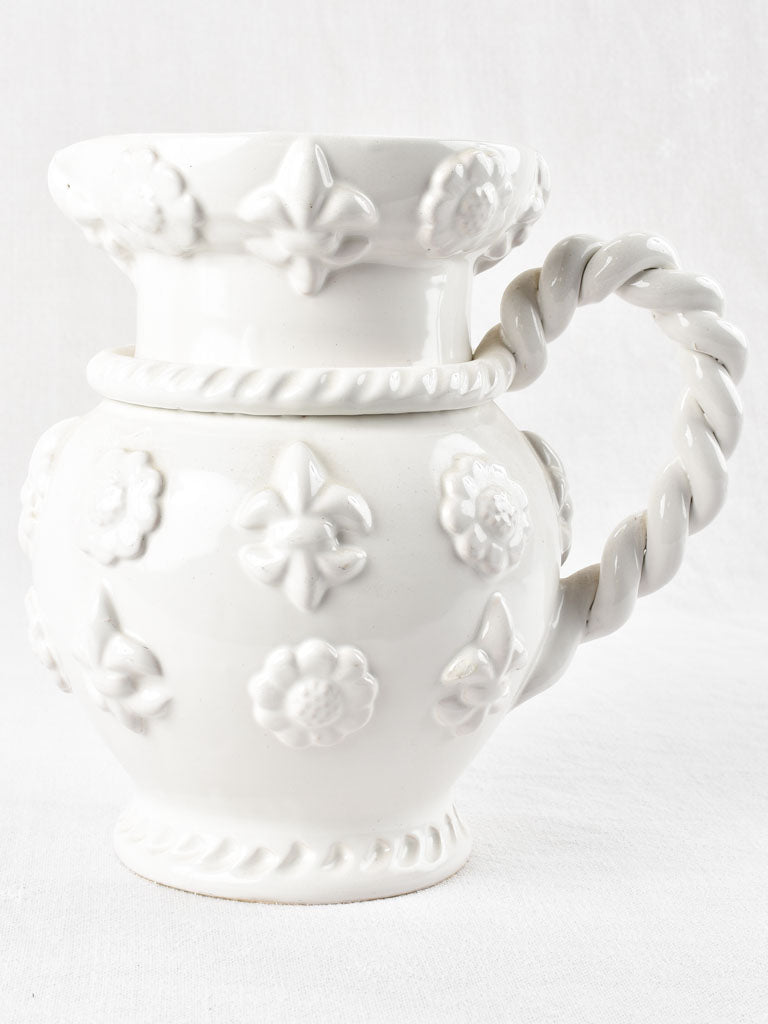 Vintage Émile Tessier Pitcher w/ fleur de Lys- white 9¾"