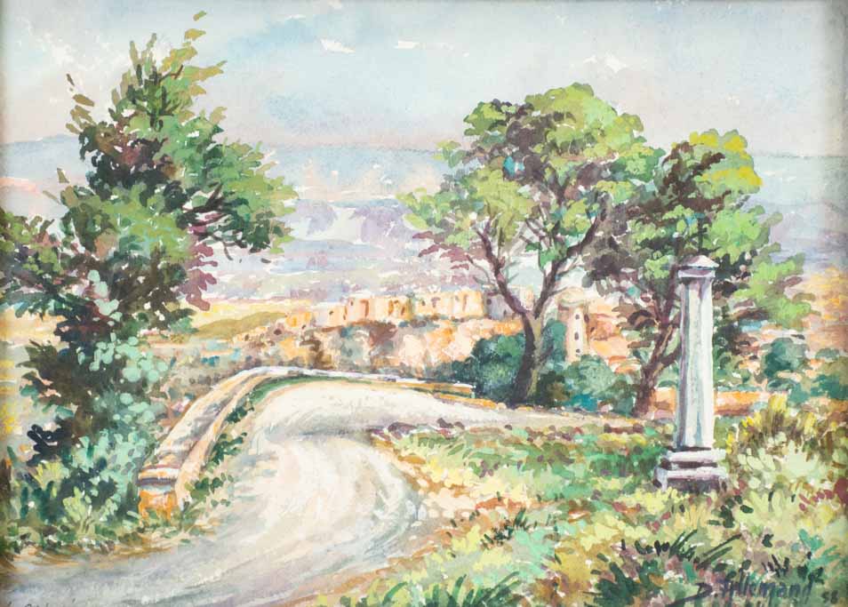 Landscape watercolor & gouache by D. Allemand (1906- ?) 14½" x 18"