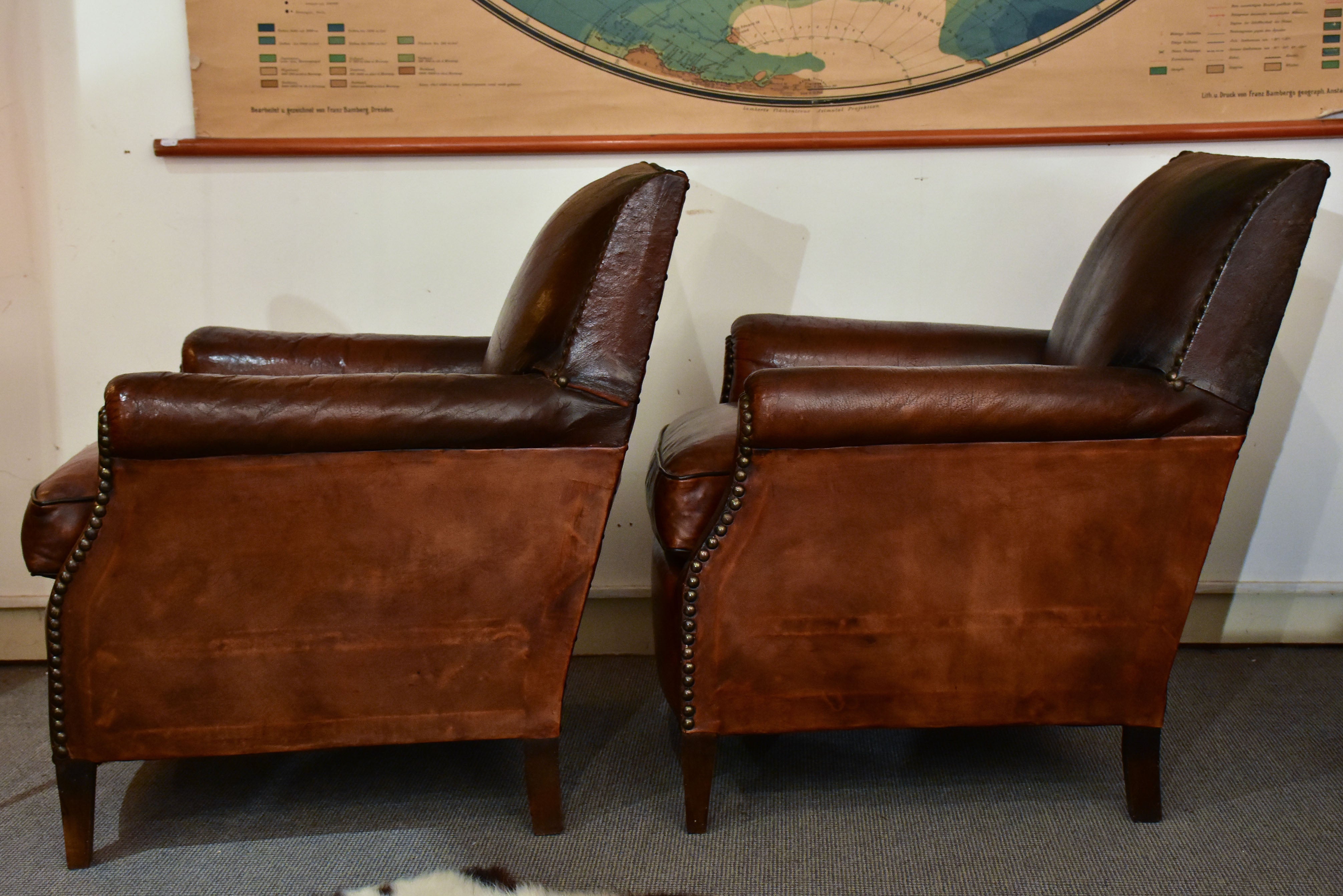 Pair of square-back French club chairs