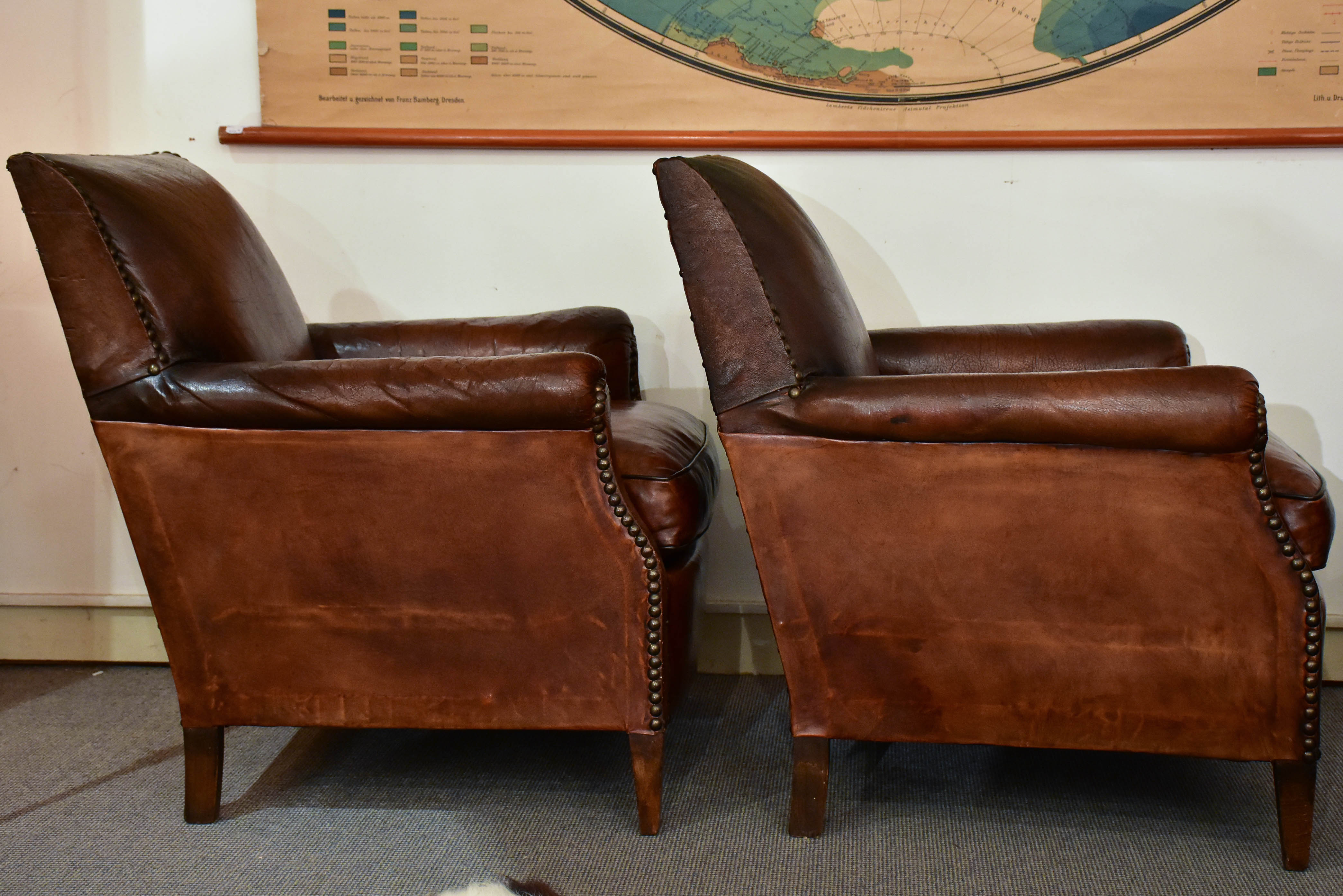 Pair of square-back French club chairs