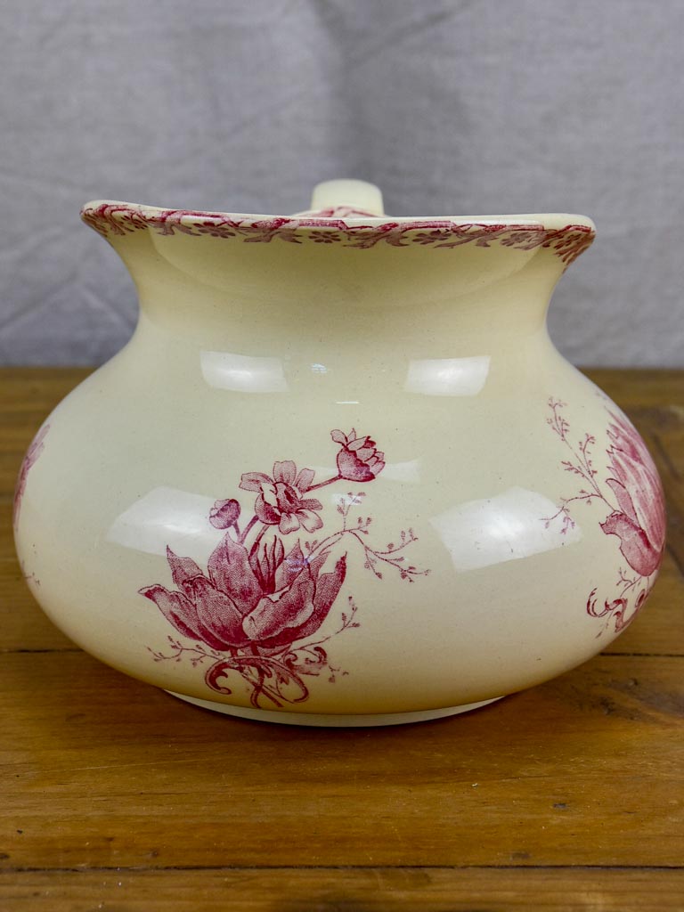Antique French Sarreguemines pitcher - pink flowers