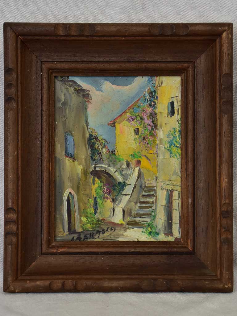 Small vintage French painting of a Provencal village 8¾" x 10¼"