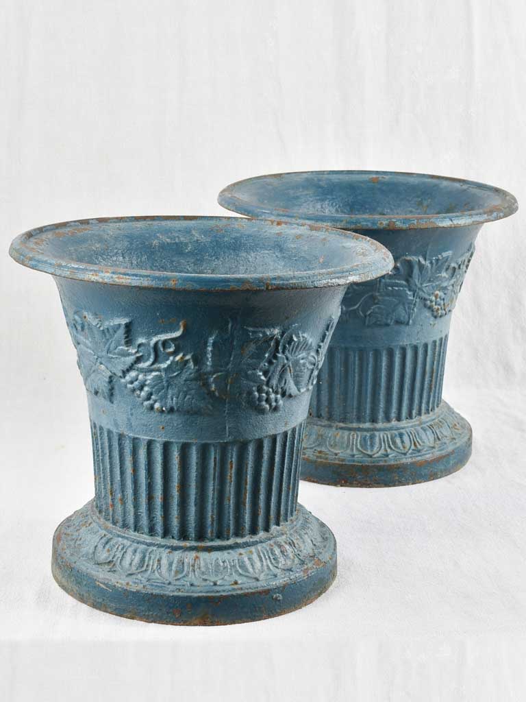 Pair of 19th century cast iron planters w/ blue paint finish 12¼"