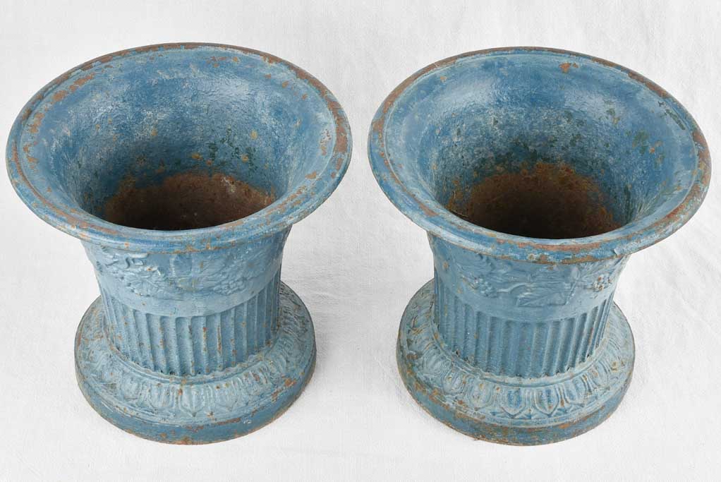 Pair of 19th century cast iron planters w/ blue paint finish 12¼"