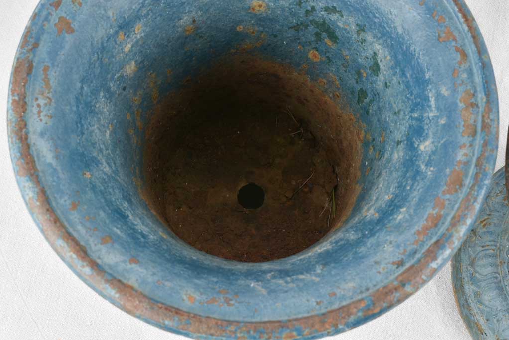 Pair of 19th century cast iron planters w/ blue paint finish 12¼"