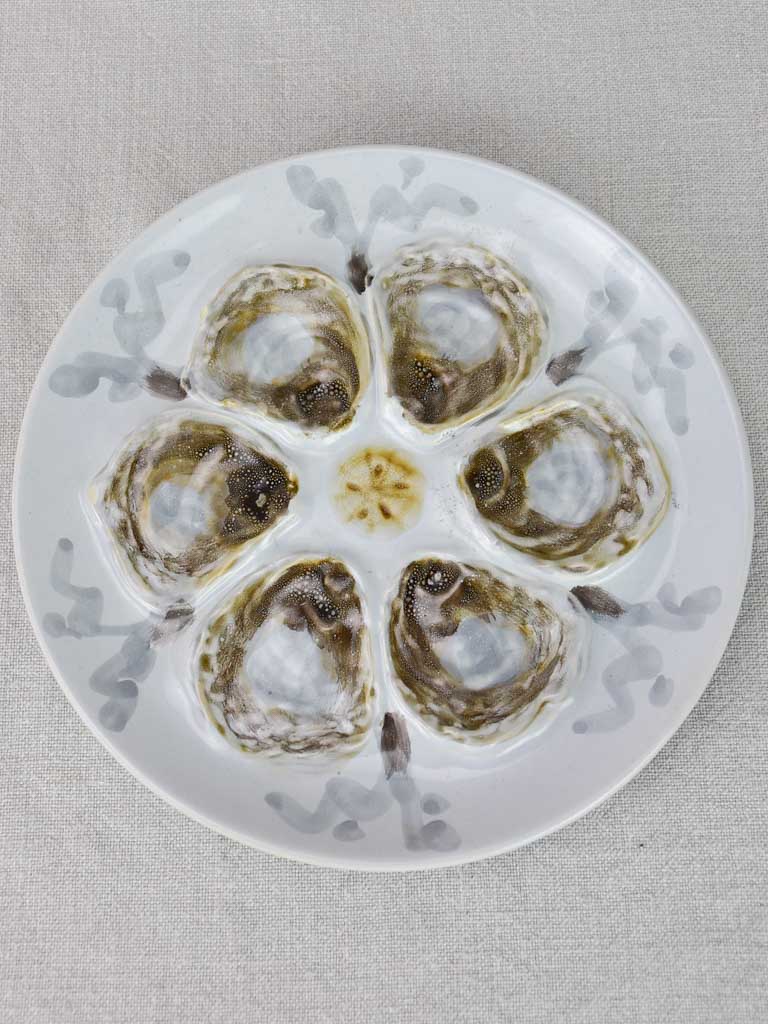 Collection of 10 French oyster plates and platter - hand painted
