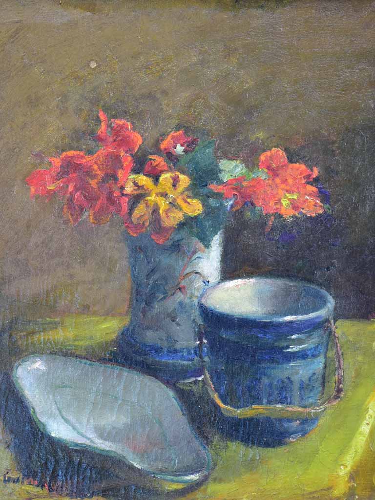 Antique French still life - nasturtiums and pottery 19" x 22"