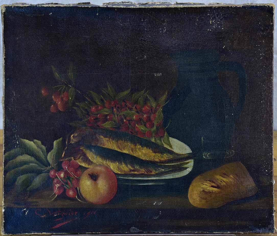 Antique French still life - fish, cherries and radish 21 ¾ x 18""