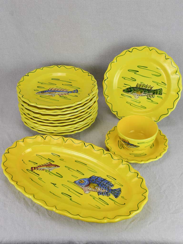 12 plate vintage hand painted French fish service - Louis Sicard Aubagne
