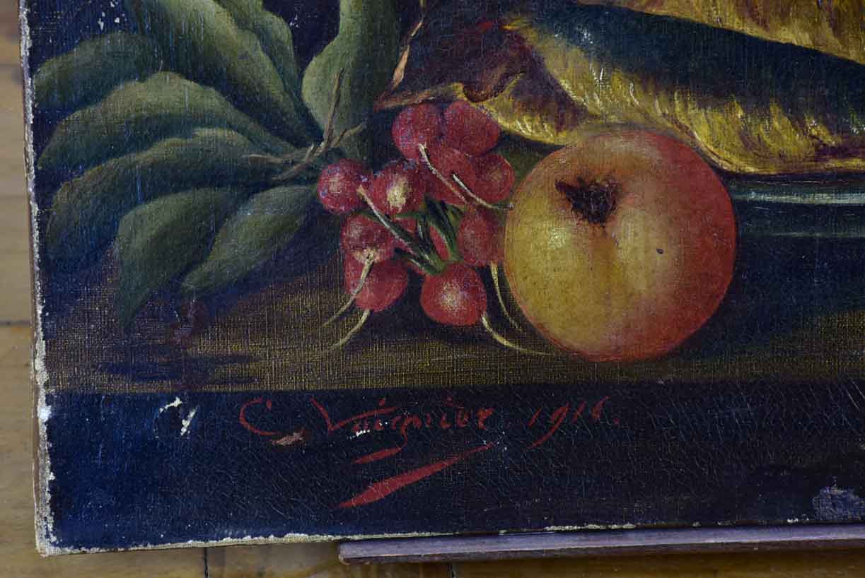 Antique French still life - fish, cherries and radish 21 ¾ x 18""