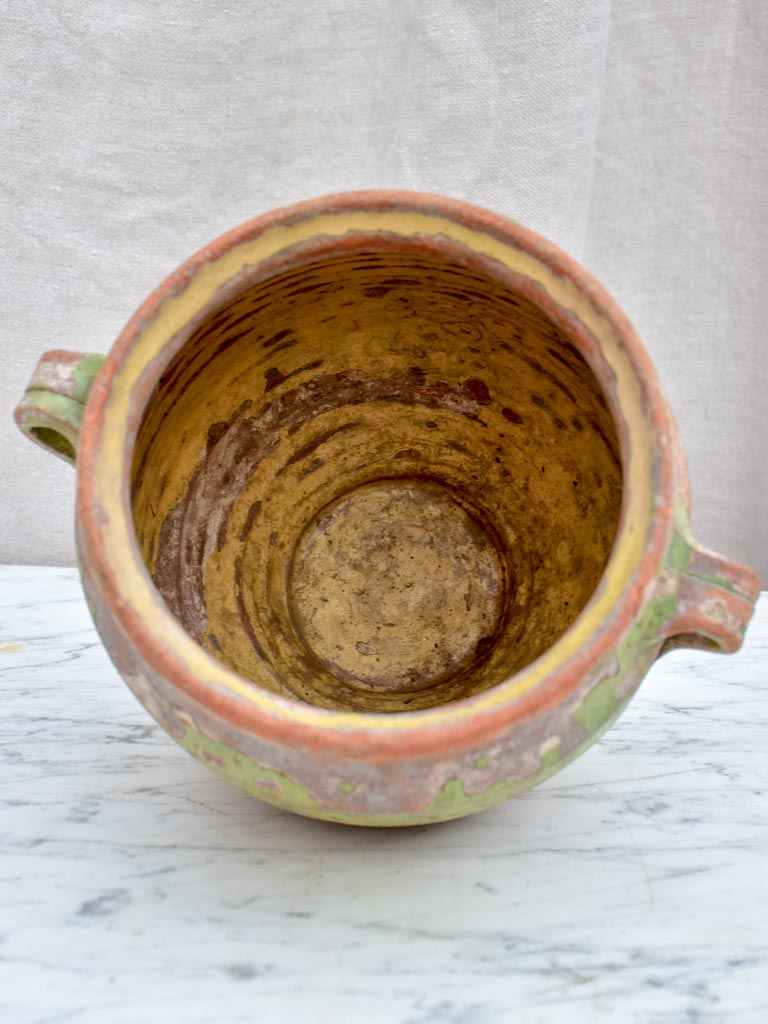 Antique French confit pot with rustic green glaze 8¾"